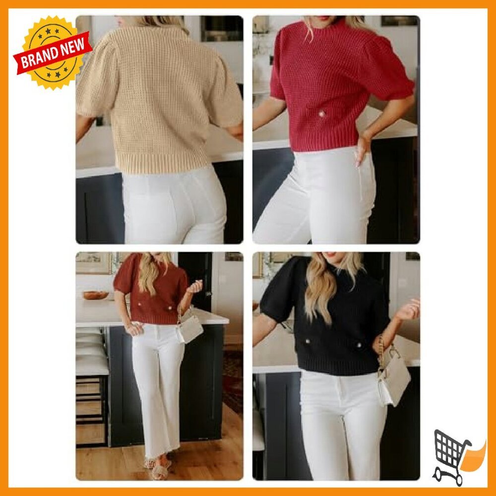 Cropped Ribbed Knit Sweater Puff Sleeves Lightweight Pullover Casual Loose Fit - Picture 7 of 8